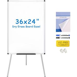 VIZ-PRO Whiteboard Easel, 36 x 24 Inches, Portable Dry Erase Board Height Adjustable With Flipchart Pad