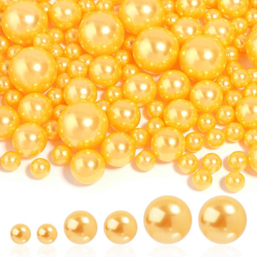 280PCS No Hole Pearl Beads for Vases Filler,8mm 14mm 20mm Mixed Size Round Gold Floating Pearls for Centerpieces Vases, Brushes Holder, Wedding Party Decoration and Candles Centerpiece (Gold)