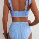 Herseas Women's Tie Shoulder Bikini Sets 2 Piece Striped Swimsuits High Waisted Bathing Suits (Blue, M)