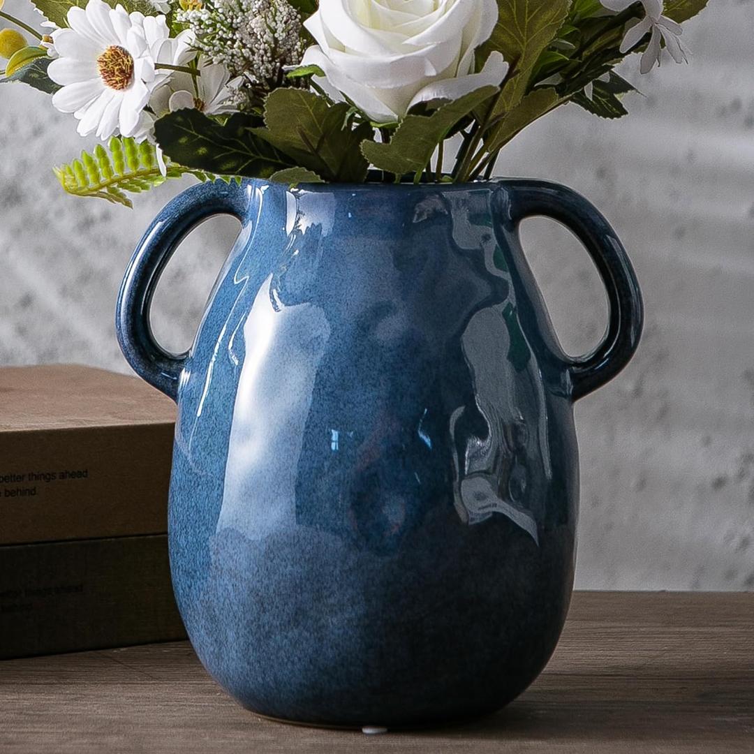 Blue Ceramic Vase with 2 Handles, Modern Farmhouse Vases for Home Decor, Rustic Pottery Vase, Decorative Terracotta Vases for Pampas Grass, Clay Jug for Living Room Dining Table Shelves
