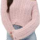 2025 Fall Cropped Sweater for Women Off The Shoulder Pullover Fluffy Knit Fashion Crop Top Holes Design (Pink, L)