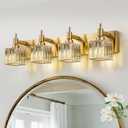 Gold Bathroom Light Fixtures, 4-Lights Crystal Bathroom Vanity Light Over Mirror Modern Gold Crystal Wall Light (Gold-Square Shade)