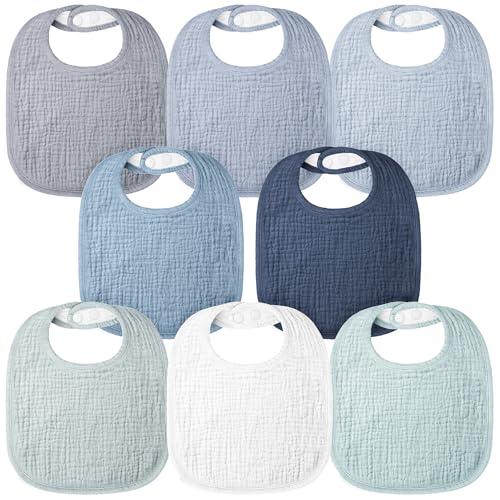 Bearmoss Baby Bibs for Drooling and teething 100% Cotton Muslin Bibs for Baby Boy & Girl, Adjustable, Ultra Absorbent, 8 Pack (Mint Iceberg)