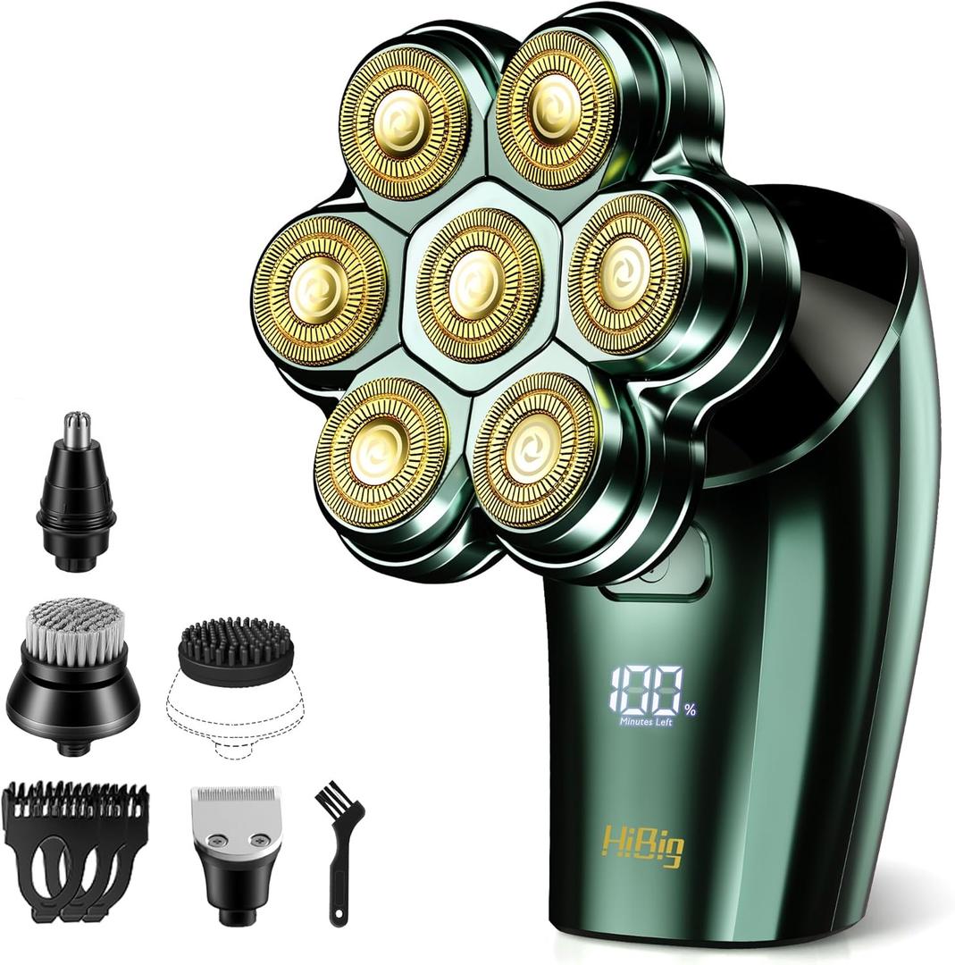 HiBig Head Shavers for Bald Men - 7D Arc Electric Razor with Magnetic Detachable Head, Waterproof Wet Dry 5-in-1 Electric Shaving & Grooming Kit, LED Display Head & Body Hair Shaver, Dark Green