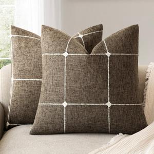 Foindtower Pack of 2 Decorative Faux Linen Jacquard Check Throw Pillow Covers Farmhouse Cushion Cover with Grid Textured Accent Pillowcase for Couch Sofa Living Room Home Decor,16×16 Inch,Cocoa Brown