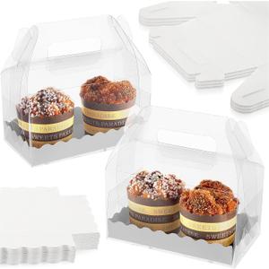 Handepo 25 Pcs Clear Gable Boxes Clear Favor Bakery Gift Boxes Treats with Cardboard and Handles for Cookie Pastry Cupcake Dessert Valentine Wedding Party, 6.3 x 3.6 x 3.6''
