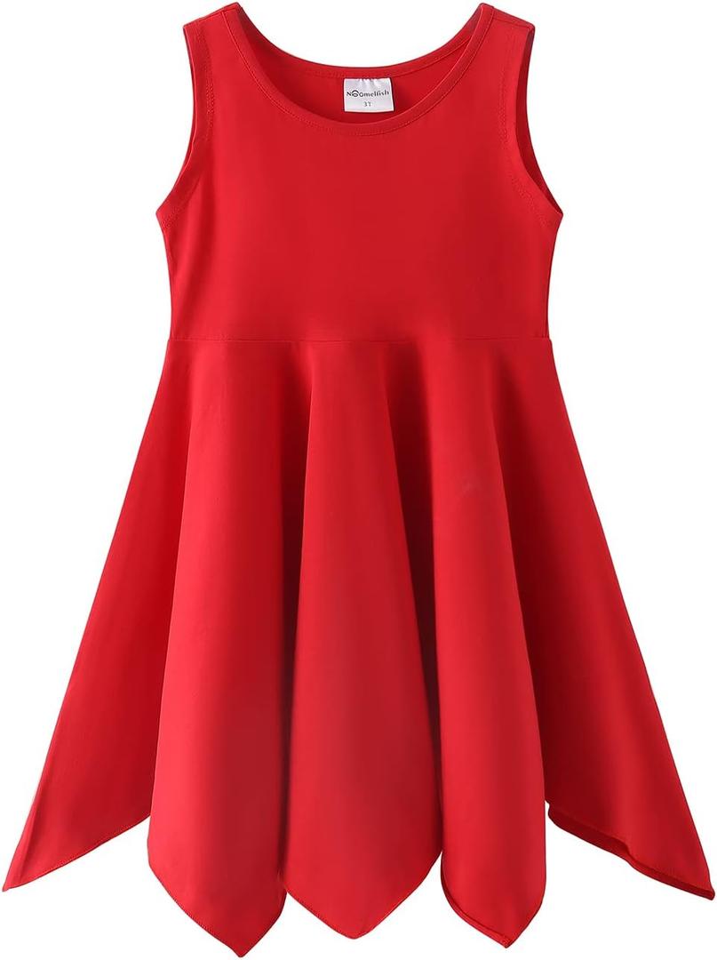 Noomelfish Girls Handkerchief Hem Twirl Dress Summer Cotton Sleeveless Skater Sundress (3-12 Years) (5-6 Years, Red)