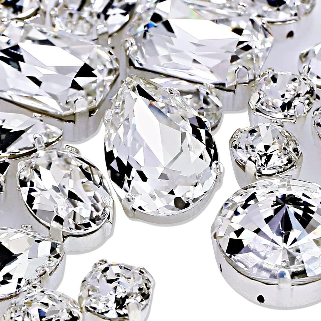 DONGZHOU Sew on Rhinestones Fancy Stone Crystals Sew On Glass Rhinestone Metal Claw Setting Sewing Rhinestone Crystal Glass gems for Jewelry Making, Clothes, Garments, Dress, Earring, Belt and Shoes, Mixed shapes