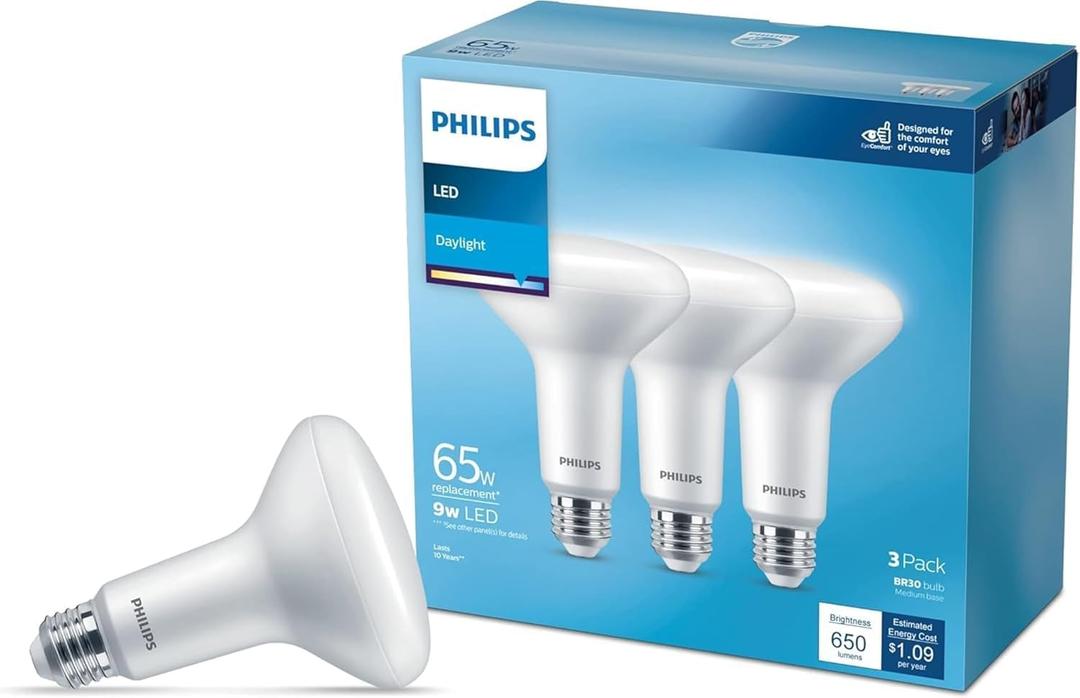 PHILIPS LED 65W BR30 3-Pack Basic Daylight (5000K) 650 Lumen (9W = 65W) Frosted Flicker-Free Light Bulbs