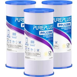 PUREPLUS 5 Micron 10" x 4.5" Whole House Pleated Sediment Filter for Well Water, Replacement Cartridge for GE FXHSC, Culligan R50-BBSA, Pentek R50-BB, DuPont WFHDC3001, W50PEHD, GXWH40L, 3Pack