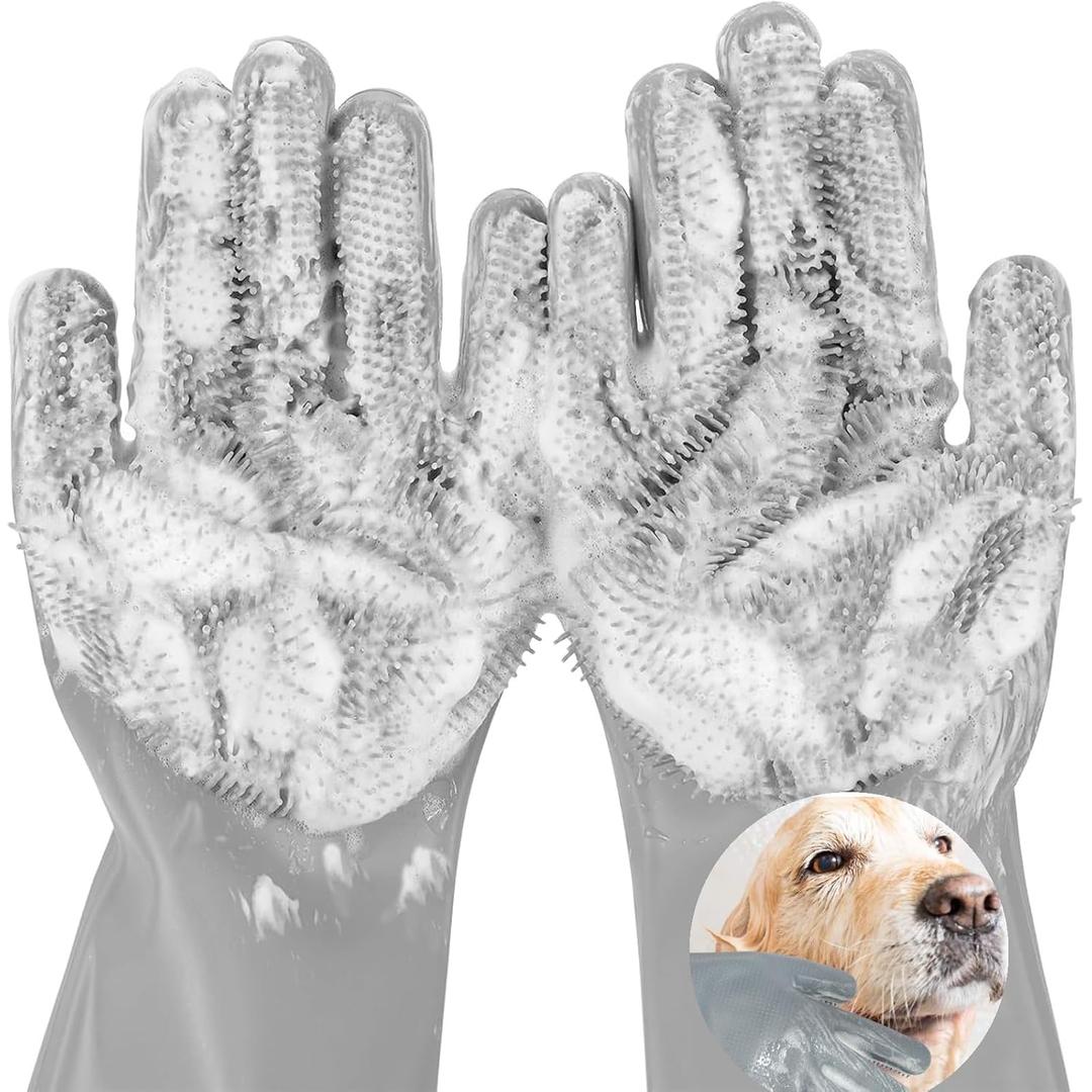 3 x Dog Washing Gloves for Shedding & Bathing - 5-Finger Deshedding & Massage Gloves for Dogs & Cats, Reusable Heat-Resistant Silicone Brush Gloves, Gentle Hair Removal & Bathing Aid (Pair) (Grey)