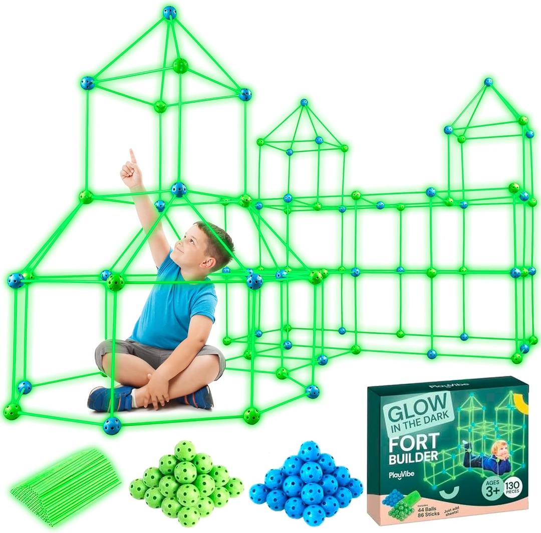 PLAYVIBE 130 PCS Glow in The Dark Kids Fort Building Kit  Air Forts for Kids Toys  Crazy Forts Builder  Blanket Kits for Indoor/Outdoor