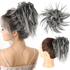 HMD Tousled Updo Messy Bun Hair Piece Hair Extension Ponytail With Elastic Rubber Band Updo Bun Synthetic Hairpieces for Women (Gray and White Tips)