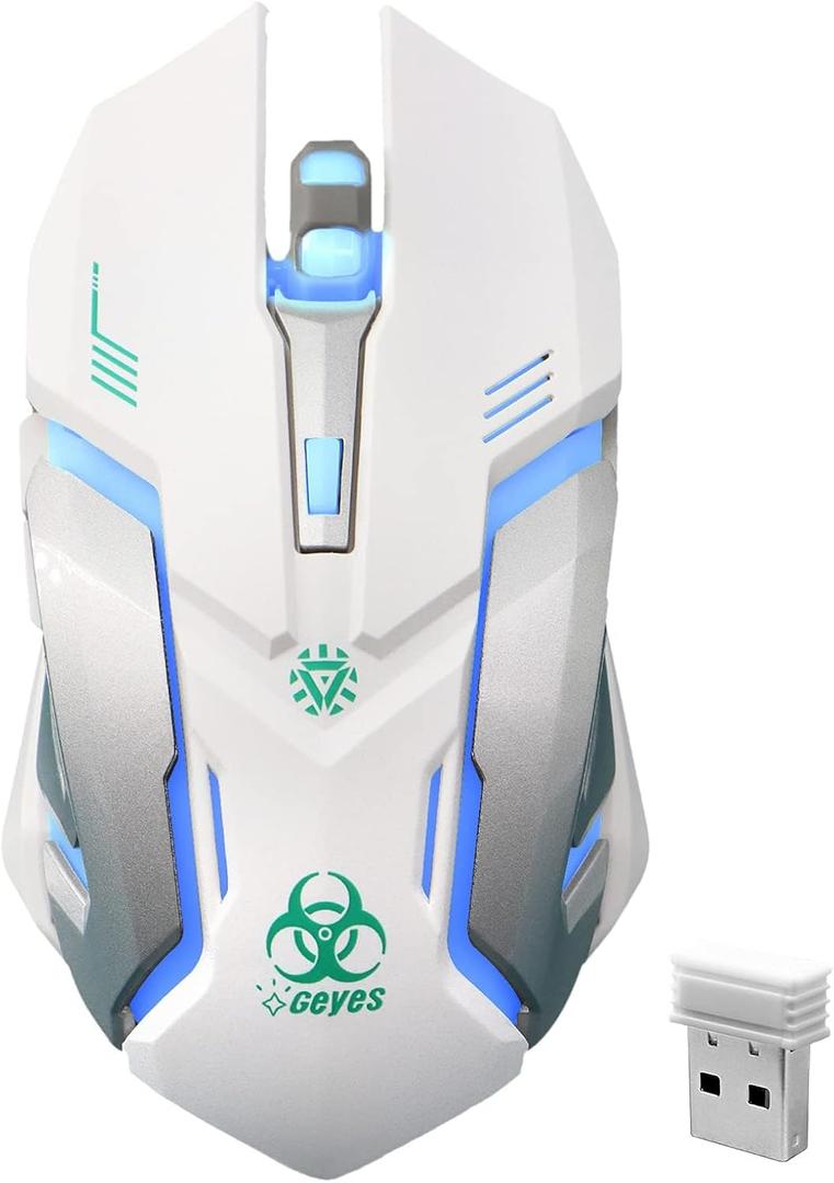 VEGCOO White Wireless Gaming Mouse, Silent Click Wireless Mouse with 3 Level DPI, Rechargeable Computer Mice with Colorful RGB LED Lights and Side Buttons for Laptop and Desktop