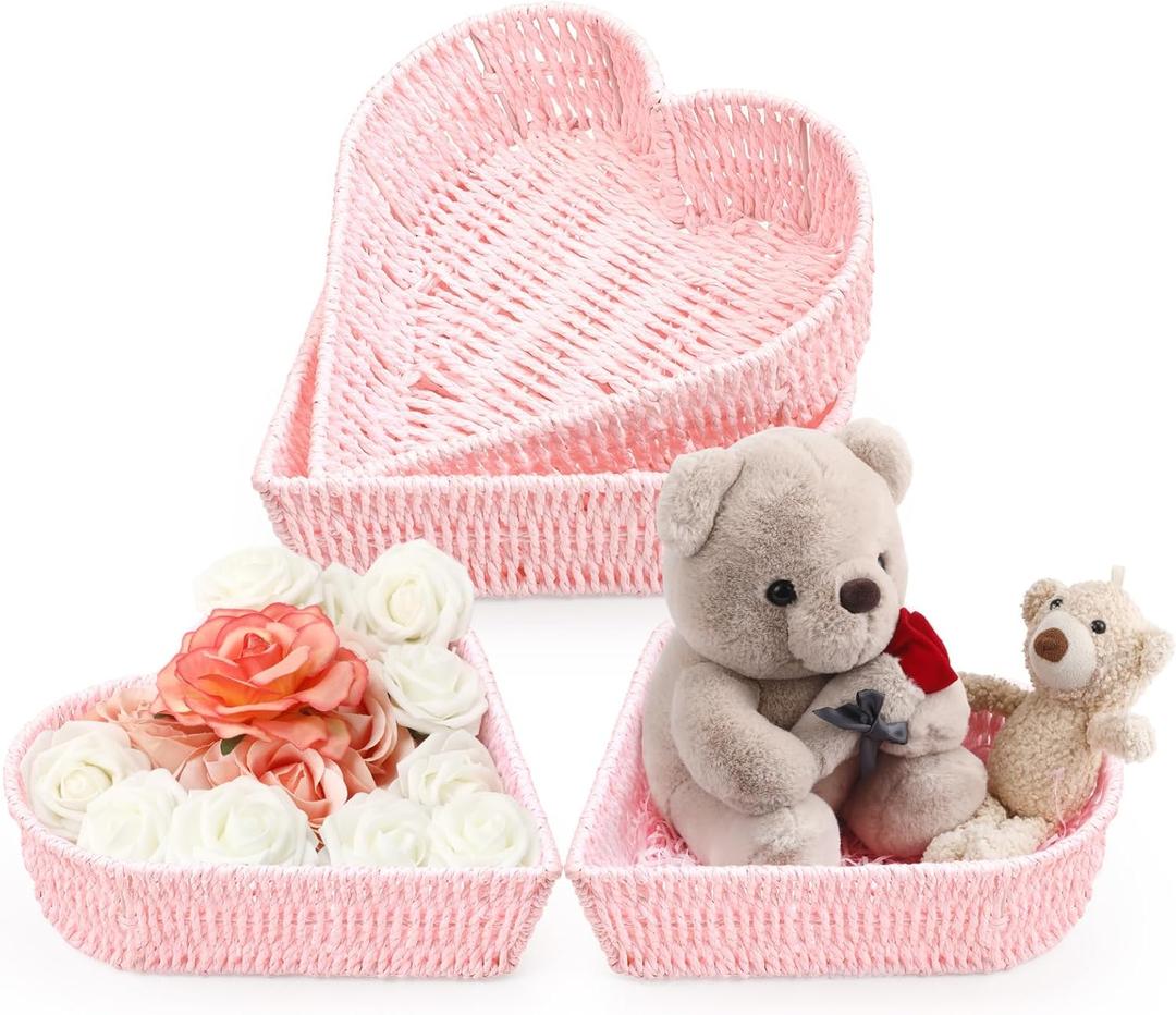 Layhit 4 Pcs Mother's Day Gift Basket Heart Shaped Baskets Woven Heart Bowl Stuffers Storage Mother's Day Serving Platters Trays Valentine Table Decorations for Anniversary Party(Pink)