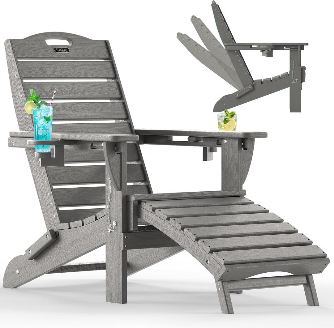 Ciokea Folding Adirondack Chair with Retractable Ottoman Fire Pit Patio Chair with Pull Out Foot Rest Weather Resistant Lawn Outdoor Lounge Chair with 2 Cup Holder (Grey)