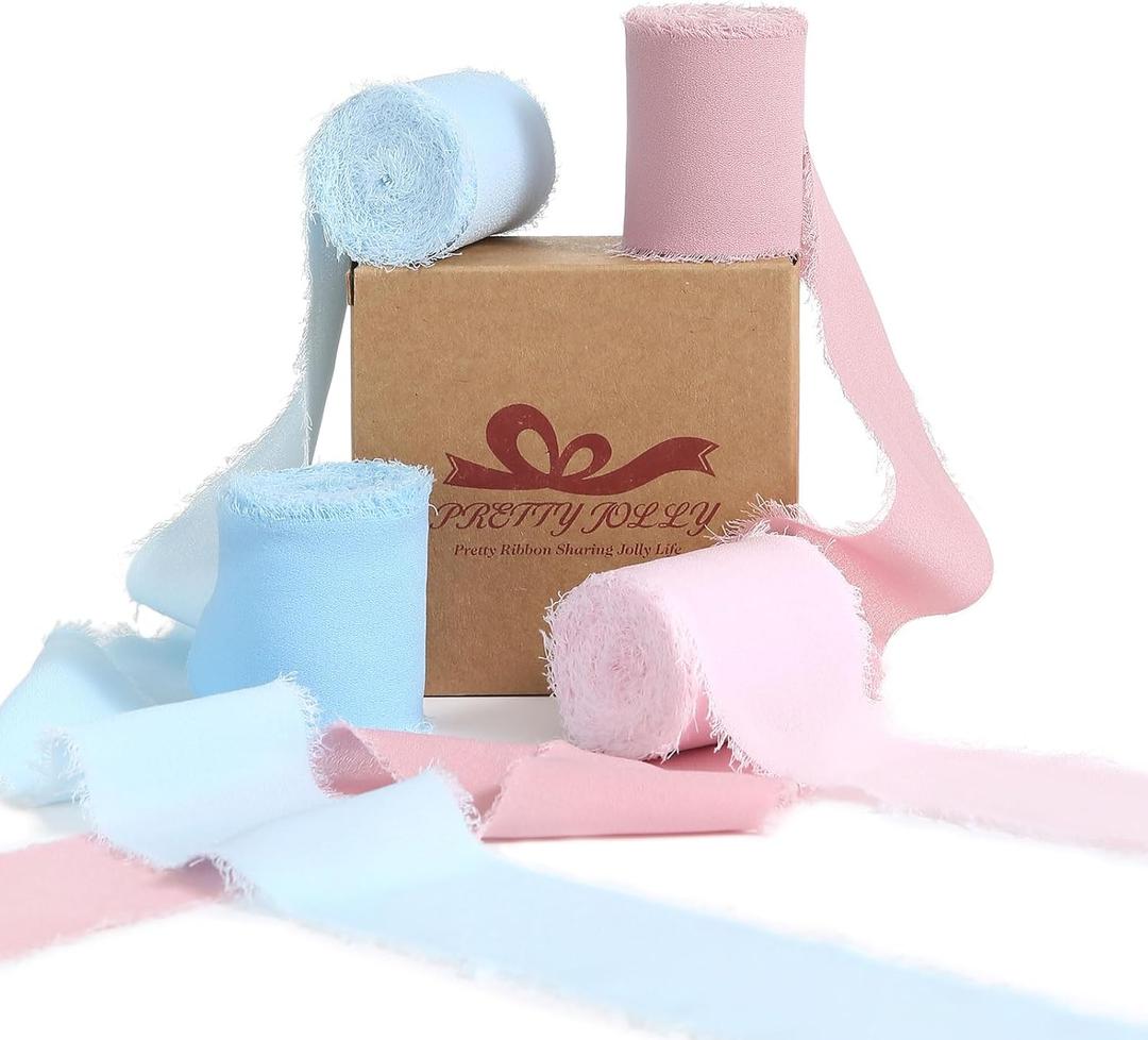 Pretty Jolly Blue Pink Chiffon Ribbon for Gift Wrapping 4 Rolls 2 Inch x 5Yd Silk Ribbons Handmade Fringe Fabric Ribbon for Flower Bouquet,Wedding Invitations,DIY Crafts and Hair Bows