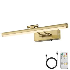 JUSHENG Wireless Picture Light with Remote and Timer, Battery Operated Art Light with Swing Arm, Rechargeable Gallery Lighting Display Light for Frame Artwork-Golden Like Brass 16'' Inch