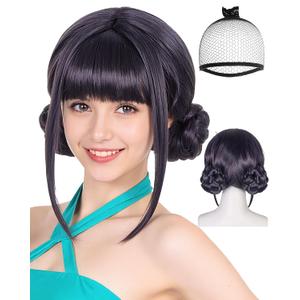 Black Purple Wig with 2 Buns Short Black Purple Hair Double Braided Buns for Women Singers Idols Characters Cosplay Anime Wigs for Halloween Stage Costume Outfit Party +Hair Cap
