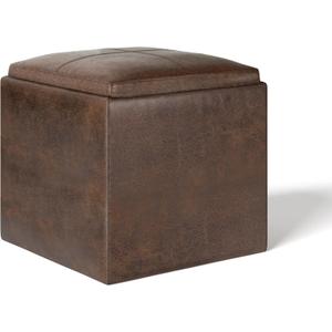 SIMPLIHOME Rockwood Cube Storage Ottoman with Tray - 17 inch Wide Upholstered Vegan Leather Square Storage Ottoman in Distressed Brown, Contemporary Cube Ottoman for Living Room with Serving Tray