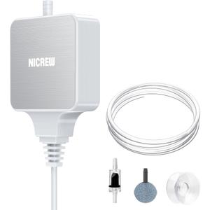 NICREW Nano Silent Aquarium Air Pump White, Aquarium Aerator with Accessories for Up to 10 Gallon Fish Tank, Super Quiet, 0.3 L/min, 1.5 Watts