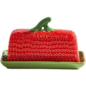 Strawberry Butter Dish with Lid, Ceramic Unique ButterDish, Large Kitchen Strawberry Butter Holder, Serving Tray with Cover, Butter Storage Container, Holds 1 Stick (Chrismas Red)