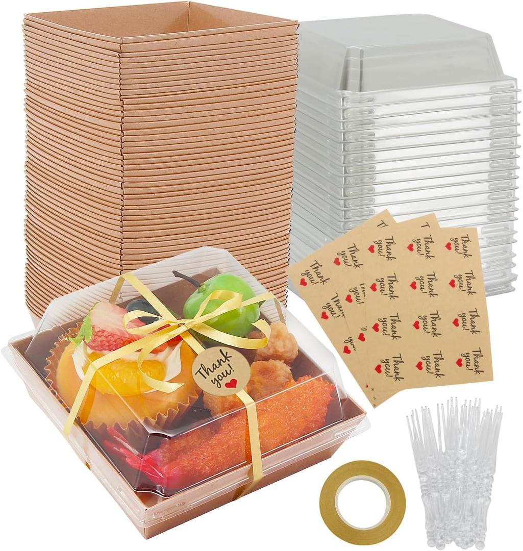 60 Pack Mini Charcuterie Boxes with Clear Lids Paper Dessert Boxes To Go with Forks, Stickers & Ribbon, Disposable Treat Boxes for Cookies, Cake Slices, Sandwiches & Strawberries