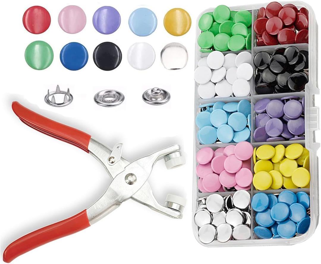 Minestylish 100 Sets Metal Snaps Buttons with Fastener Pliers Press Tool Kit Perfect for DIY Crafts Clothes Hats and Sewing, Snap Button Fasteners Kit for Clothing(Colorful / 400 PCS)