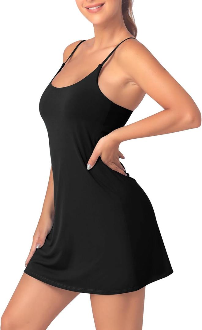 Womens Tennis Dress with Built-in Bra & Shorts Athletic Dress Workout Dress Exercise Dress with Pockets Golf Dress (Black)