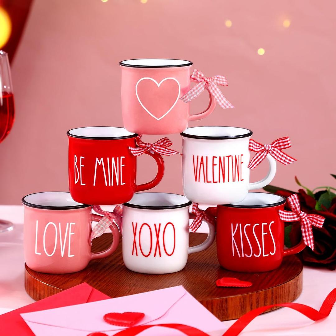 6 Pcs Valentine's Day Mini Coffee Mugs with Ribbon Love Mini Coffee Cups Valentine's Tiered Tray Decor for Anniversary Wedding Table Centerpieces Decoration