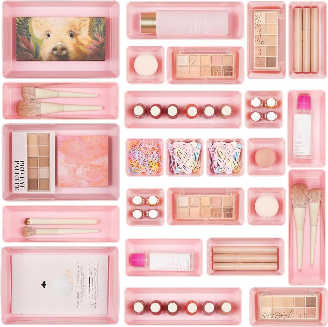 Vtopmart 25 PCS Plastic Drawer Organizers Set, 4-Size Versatile Bathroom and Vanity Drawer Organizer Trays, Storage Bins for Makeup, Bedroom, Kitchen Gadgets Utensils and Office (Pink)