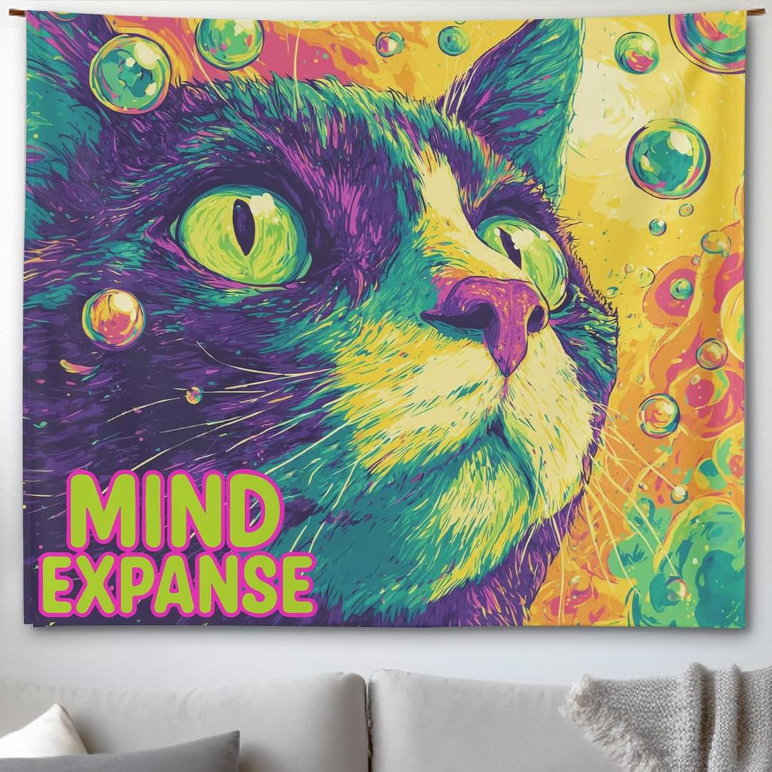Xolytar Trippy Cat Tapestry Mind Expanse - Psychedelic Hippie Wall Art, Neon Colorful Funny Animal Decor for Stoner Room, College Dorm, Party Background (50x60)