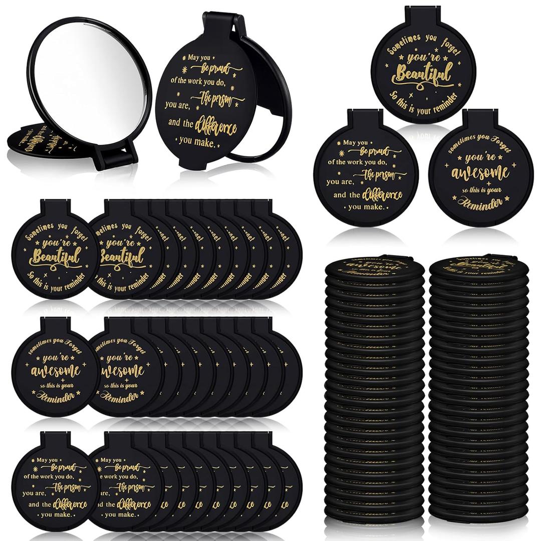 Wenqik 64 Pcs Black Inspirational Mini Compact Mirrors for Purse Women Small Gifts Bulk, Round Makeup Folding Hand Mirrors, Client Guest Gift, Women History Month Party Favor for Bridal Wedding
