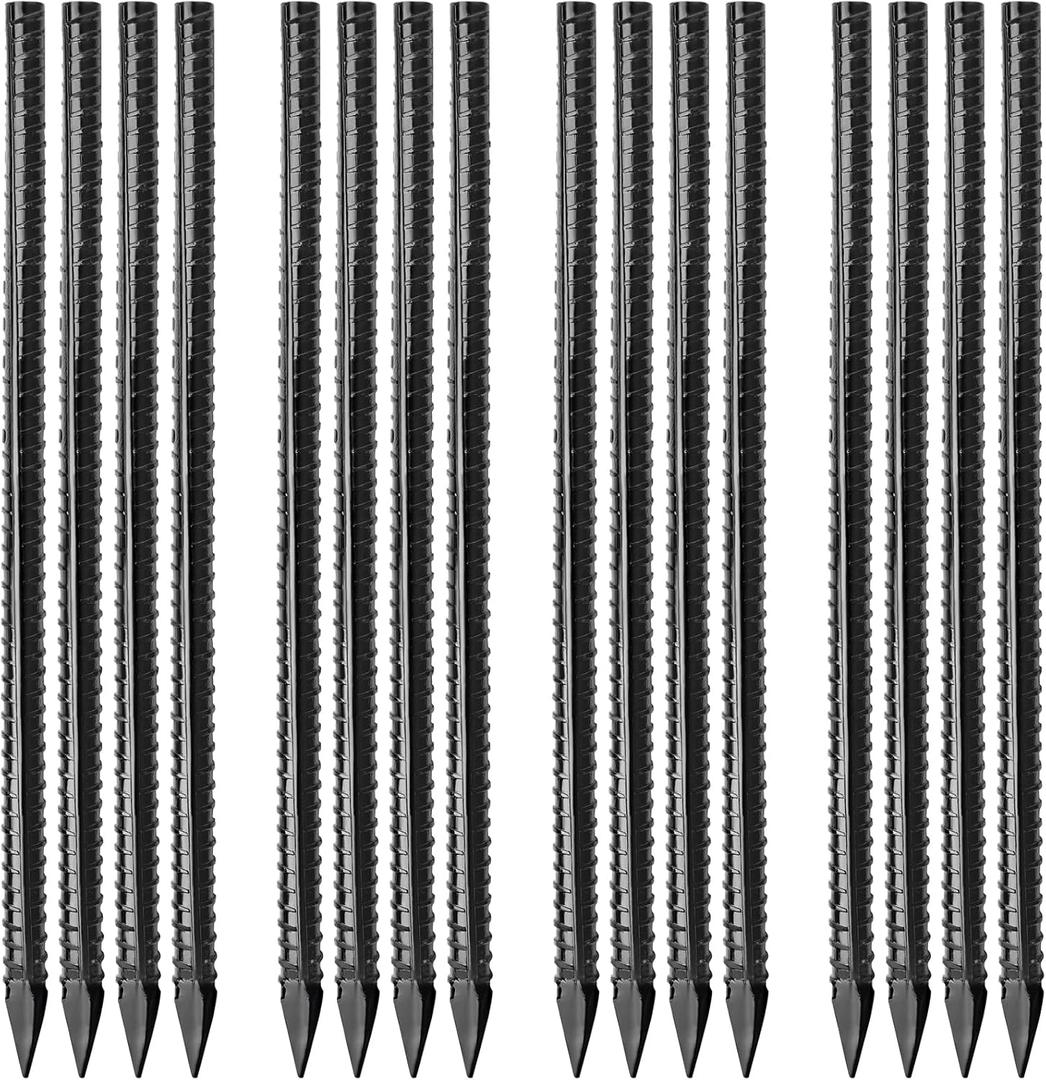 Besitu 16 inches Ground Rebar Stakes (16 pcs) Heavy Duty Metal Spikes for Concrete Timber Garden Plant, Long Straight Steel Stakes for Tent, 3/8" Thickness Ground Anchors with Chisel Point End, Black