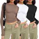 AUTOMET 3-Pack Women's Long Sleeve Crop Tops - Basic Fitted T-Shirts Set, Small