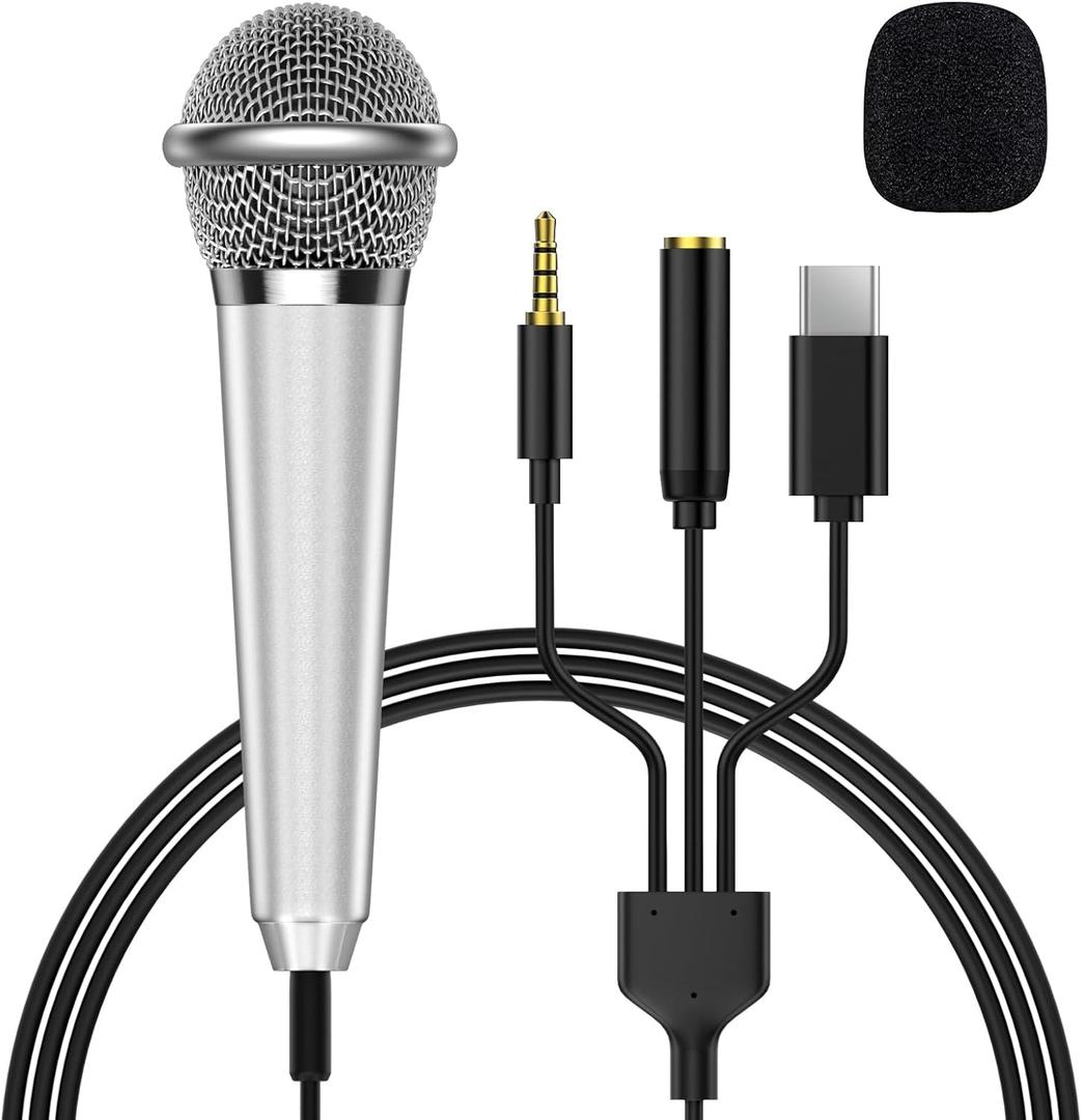 2-in-1 Mini Microphone for Android, iPhone 15, Laptop and PC, Portable Mini Mic for Vlogging, Karaoke, Video Recording with USB C & 3.5mm Jack (USB C)