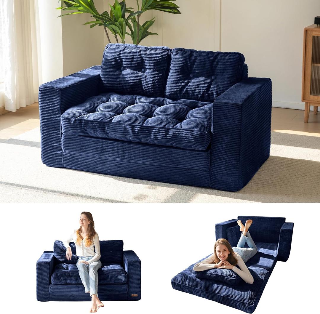 MAXYOYO Convertible Sofa Bed, Pull Out Loveseat Sleeper Sofa, 2 in 1 Folding Couch Bed, Fold Out Floor Couch with Pillows for Living Room Bedroom Lounge, Navy