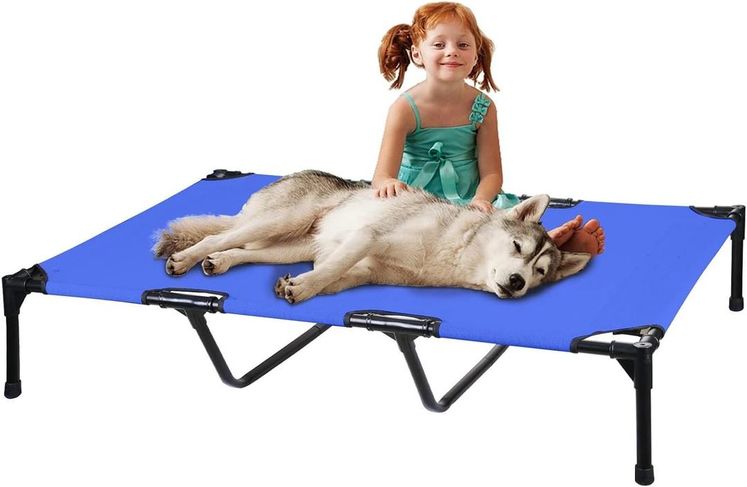 FIOCCO Elevated Dog Bed - Dog Cot with Chew Proof Mesh for XX-Large Dogs, Waterproof Washable Raised Pet Bed, Portable Pet Bed for Outdoor Use, Dogs Cot Beds, Blue
