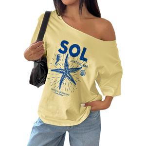 SOLY HUX Women's Off The Shoulder Graphic Tees Oversized Tops Short Sleeve Drop Shoulder Summer Baggy Tshirts S