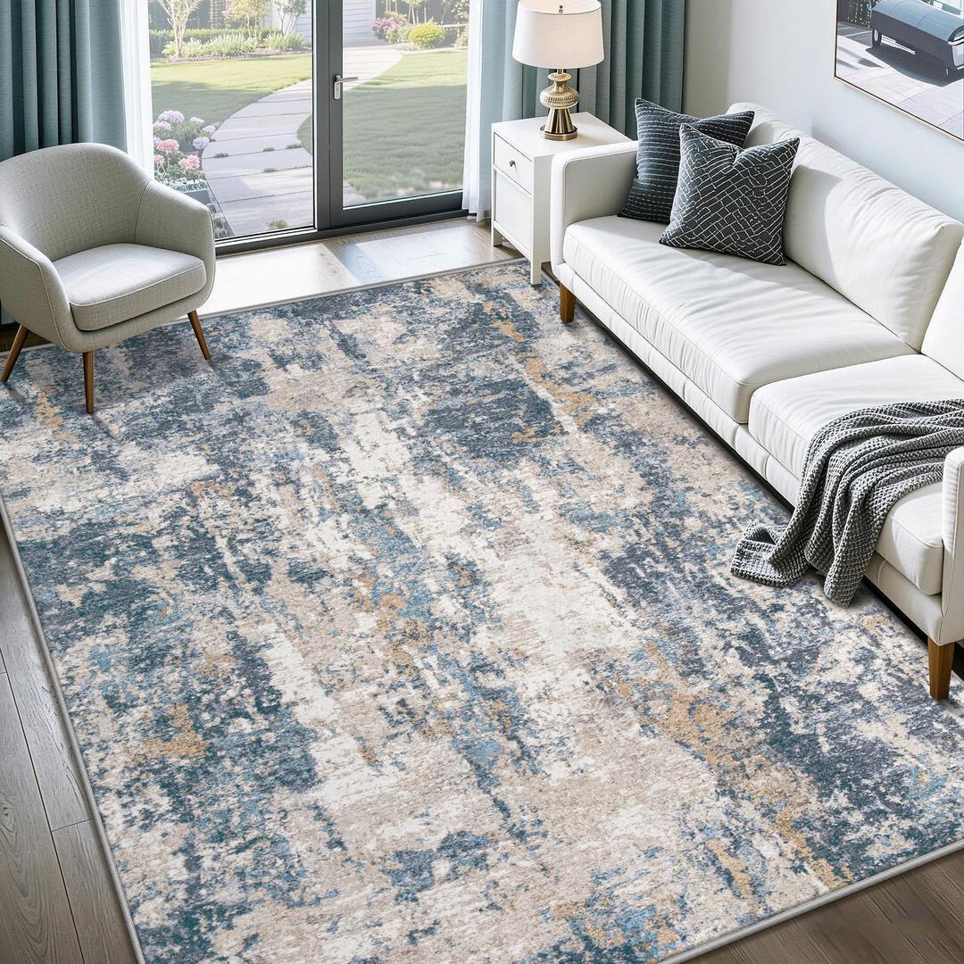 9x12 Area Rug for Living Room: Washable Abstract Rug Modern Neutral Soft Large Indoor Rugs Non Slip Low Pile Carpet for Bedroom Dining Room Office Children's Room(Blue Brown, 9'x12')