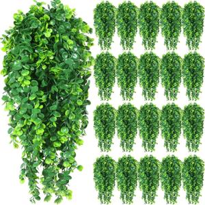 Hoteam 24 Pcs Artificial Hanging Plants 32 Inch Fake Ivy Vines with Fake Leaves Patio Artificial Plants Greenery for Living Room Indoor Outdoor Wall, No Basket (Eucalyptus)