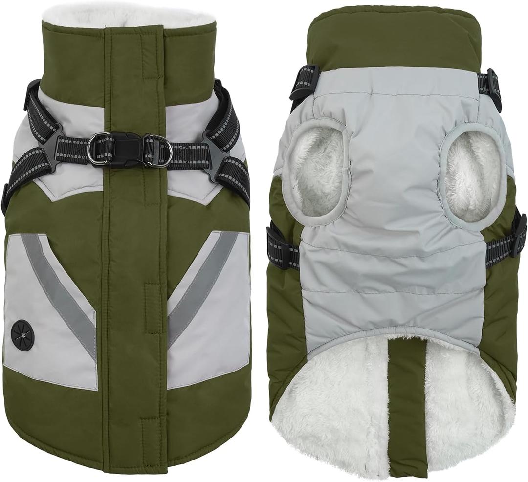 IECOii Warm Small Dog Coat Harness with D Ring - Green, Zip Dog Jacket Winter Reflective, Fleece Lined Snow Jacket, Pet Clothes for Small Dogs, Yorkshire Terrier, Bichon, Shih Tzu (Small(Chest:17.3 in))