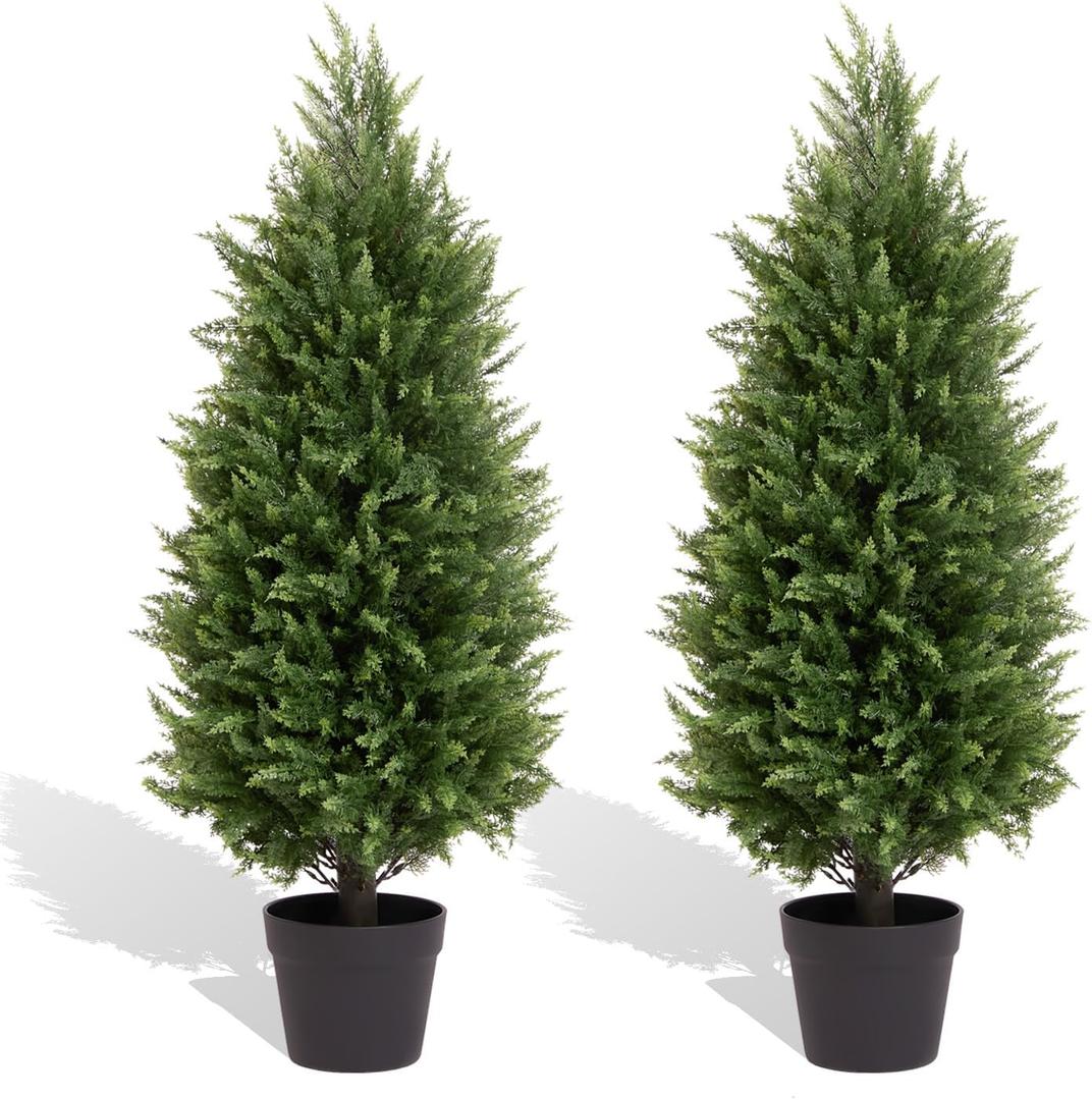 3ft Artificial Cedar Topiary Trees Set of 2  UV Resistant Outdoor Faux Plants, Fake Evergreen Bushes & Shrubs for Porch Patio Front Door Outside Planter Decor