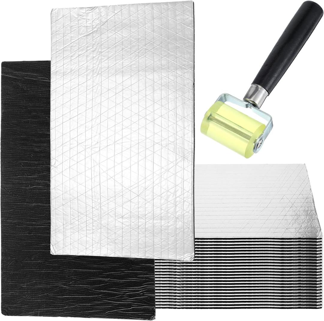 30 Pcs 196 Mil (5mm) Car Sound Deadening Mat Hood Insulation Pad with Rubber Roller, Automotive Deadener Self Adhesive Heat Sound Insulation Material for Cars Hood Ceiling Door, 15.7 x 9.8 inch