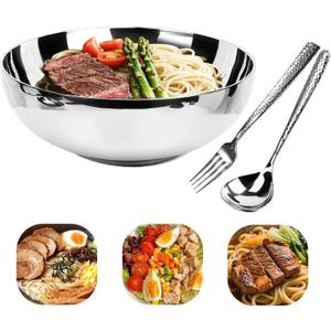 304 Stainless Steel Pasta Bowls, 47oz Double Walled Insulated Soup & Salad Bowls Unbreakable, 8.7" Large Cereal/Ramen/Udon/Noodle/Pho Bowl Plates with Spoons & Forks, Dishwasher Safe