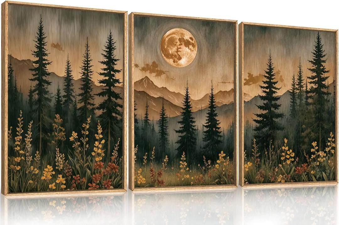 HOURIA Vintage Boho Nature Moonlight Forest Mountain Framed Canvas Wall Art Set,Wilderness Dark Moon Woodland Floral Decor,Retro Wildflower Field Landscape Artwork for Living Room,Farmhouse-24 x36 x3