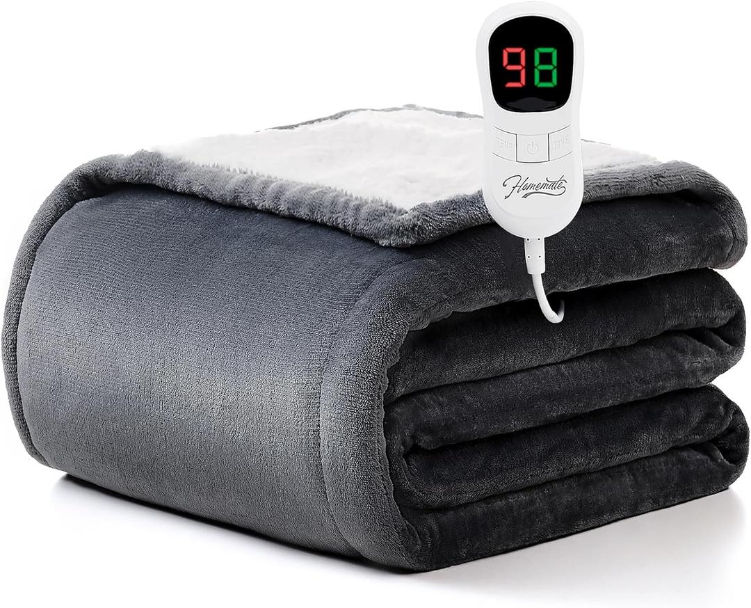 Homemate Heated Blanket Electric Throw - 50"x60" Heating Blanket Throw 1/2/4/6/8 Hours Auto-Off 10 Heat Level Over-Heat Protection Flannel Sherpa Electric ETL Certification (Light Grey)