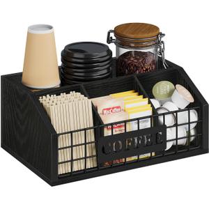 YINMIT Coffee Station Organizer for Countertop, Wood Coffee Bar Organizer with Removable Dividers for Pods, Syrup, Cups, Stirrer, Tea - Office Bar Accessories, Iron Wire-Black