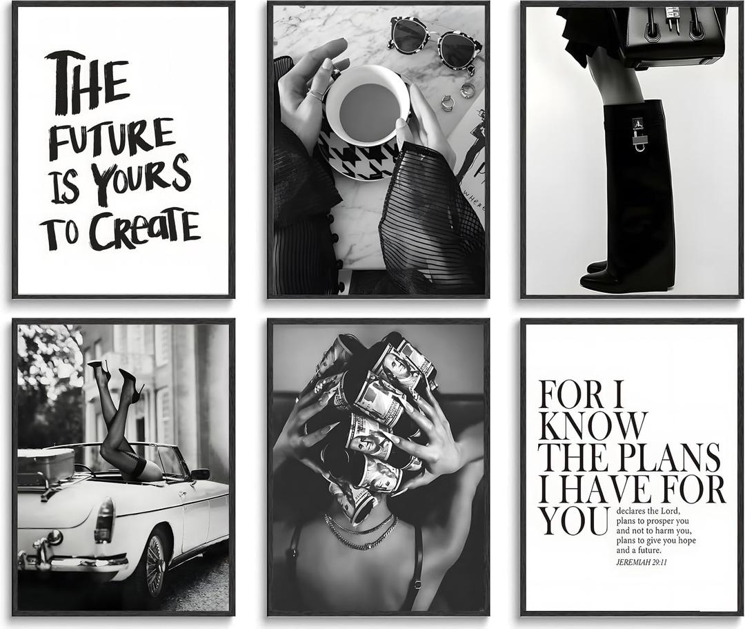 Trendy Black and White Wall Art Luxury Money Hair Rollers Girl Posters High Heels Motivational Quotes Home Decor for Bedroom Living Room Dormitory Modern Aesthetic Pictures Unframed 8x10 Inch