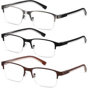 3 Pack Metal Reading Glasses Men, Half Frame Spring Hinge Computer Blue Light Readers for Large Head/Big Face (Black/Brush Gun/Brown Frame (Anti Blue Light Lens)